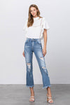 High Stretch Mid Rise Frayed Hem Distressed Crop Flare Jeans