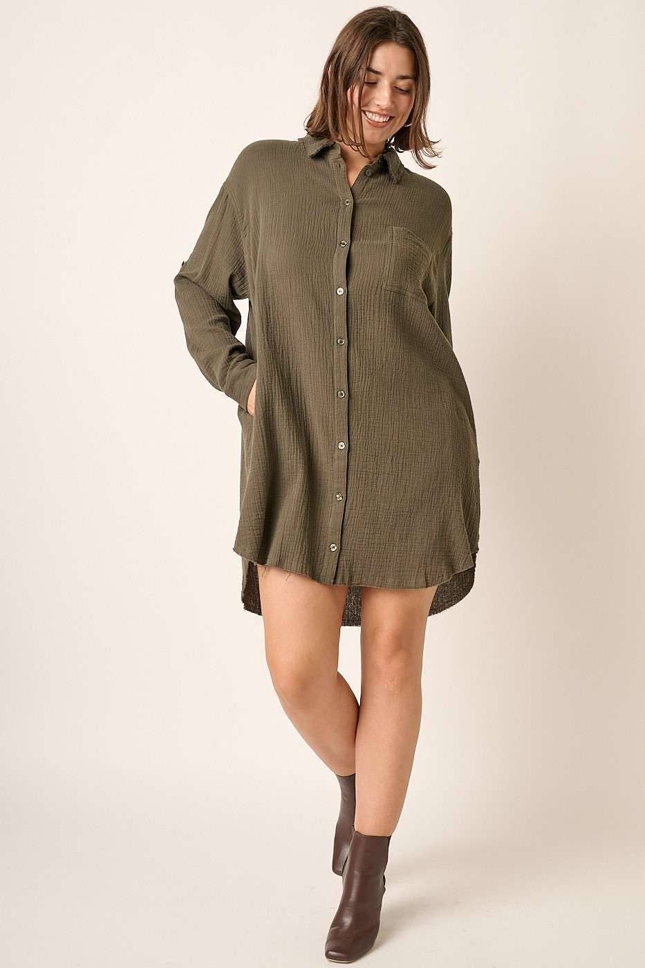 PLUS GAUZE OVERSIZED LONG SLEEVE SHIRT DRESS