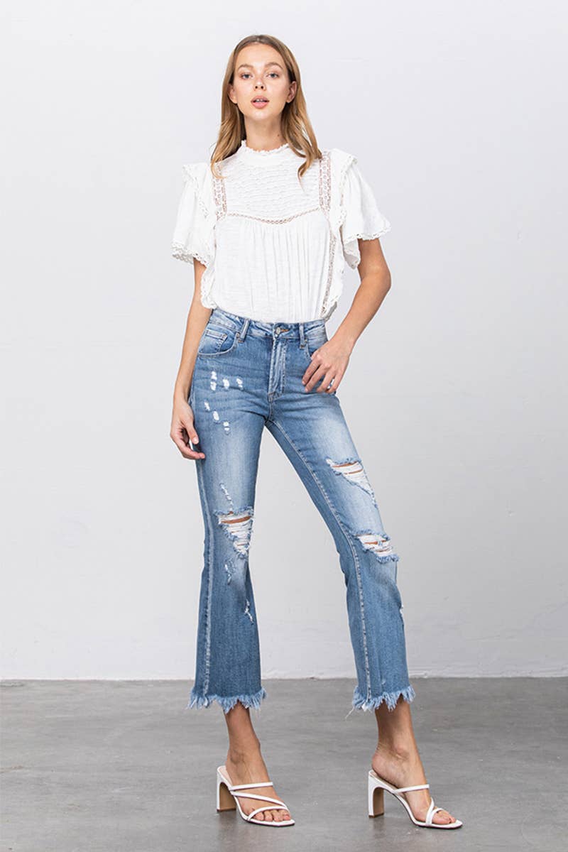 High Stretch Mid Rise Frayed Hem Distressed Crop Flare Jeans