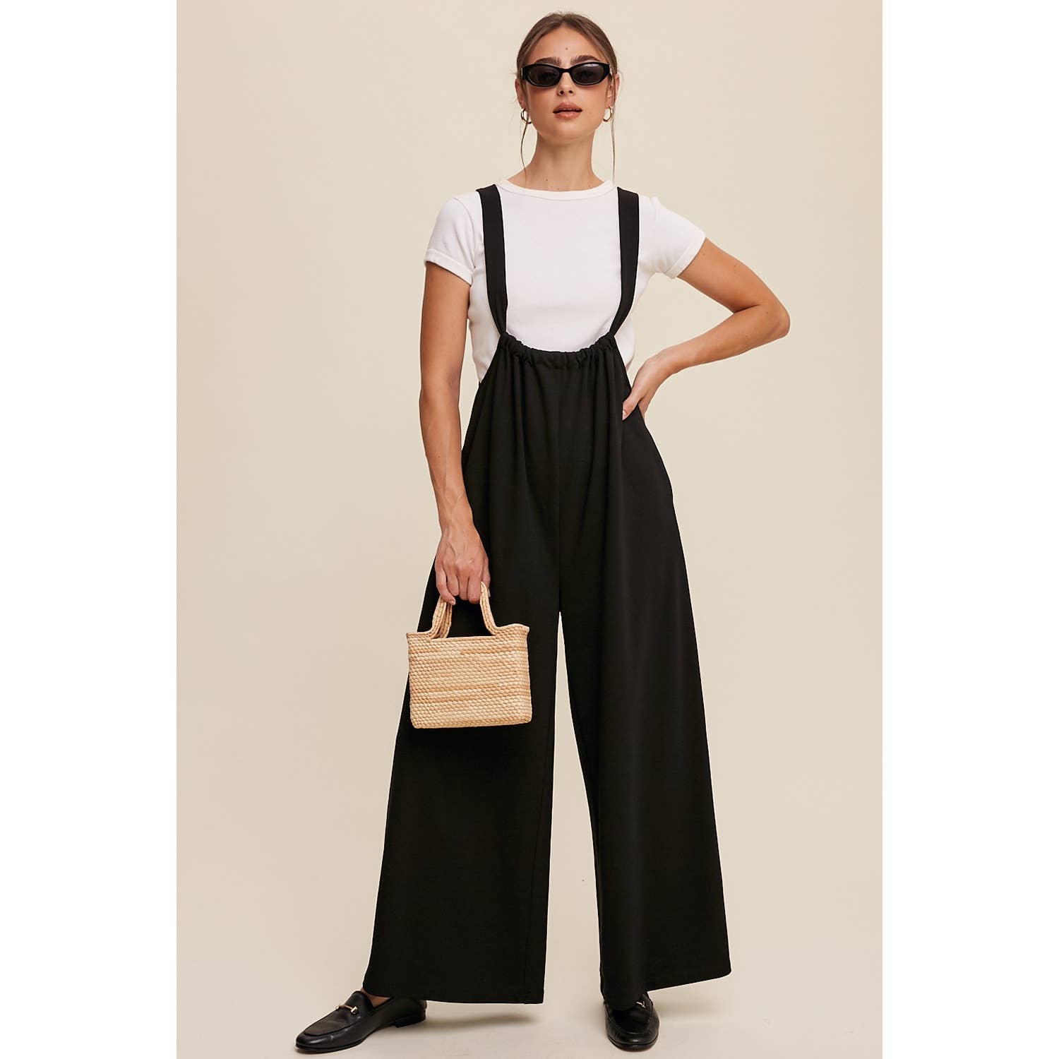 Adjustable Strap Loose Fit Knit Jumpsuit with Wide Legs and