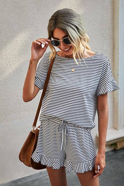 🎉SALE🎉 Round Neck Striped Top Short Set