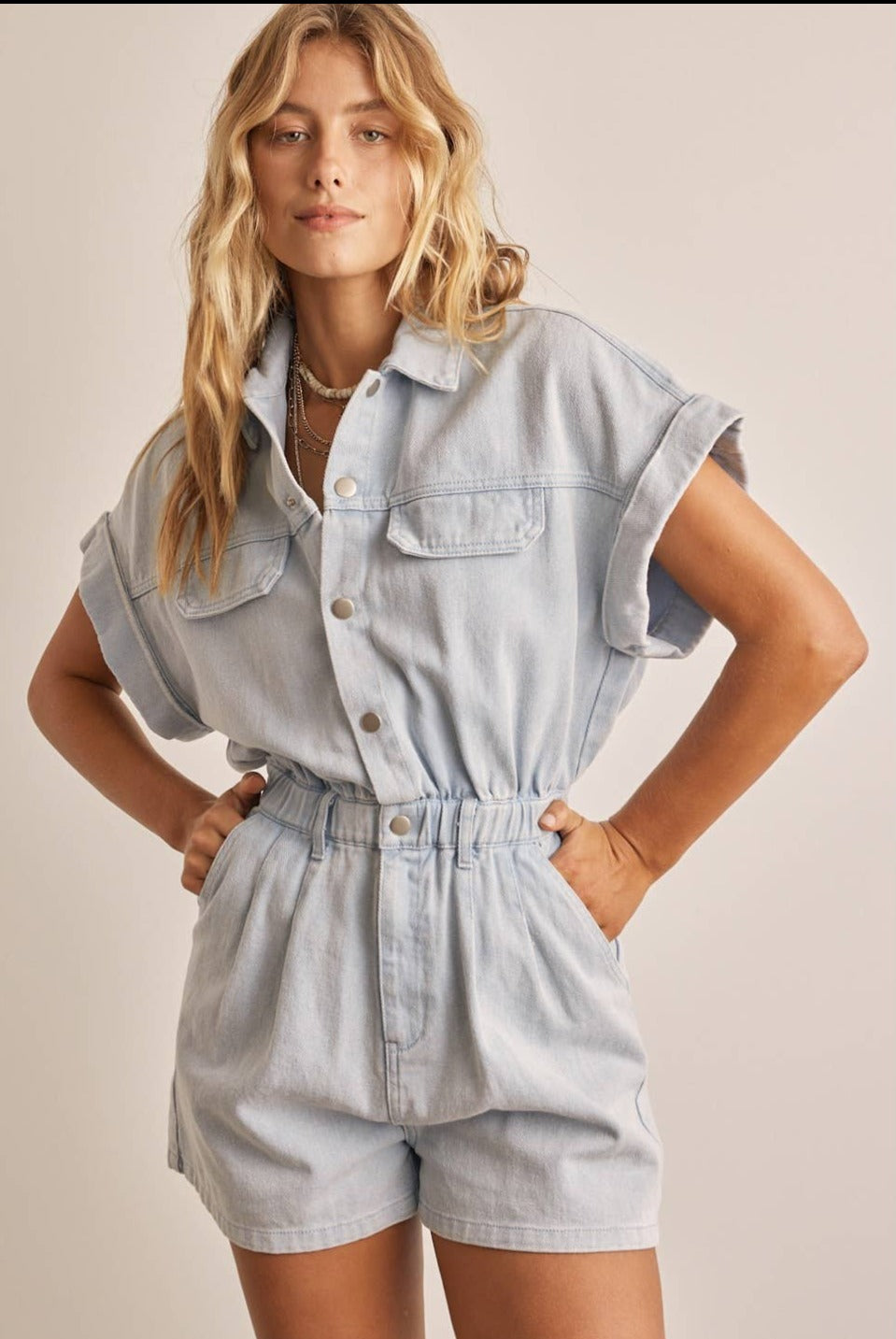 🎉SALE!!🎉 DENIM WASHED ROMPER WITH FRONT BUTTON DOWN DETAIL