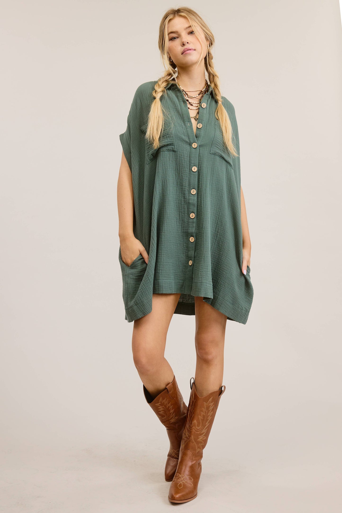 COTTON GAUZE BUTTONED SHORT-SLEEVE SHIRT MINI DRESS