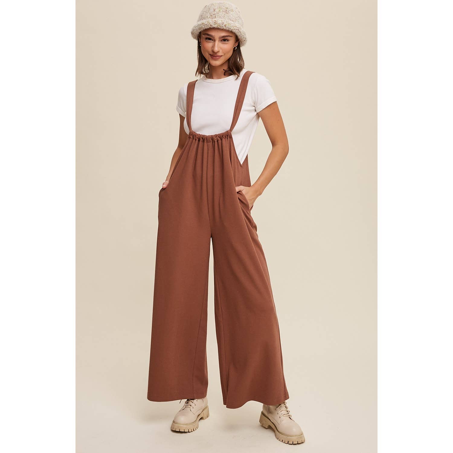 Adjustable Strap Loose Fit Knit Jumpsuit with Wide Legs and