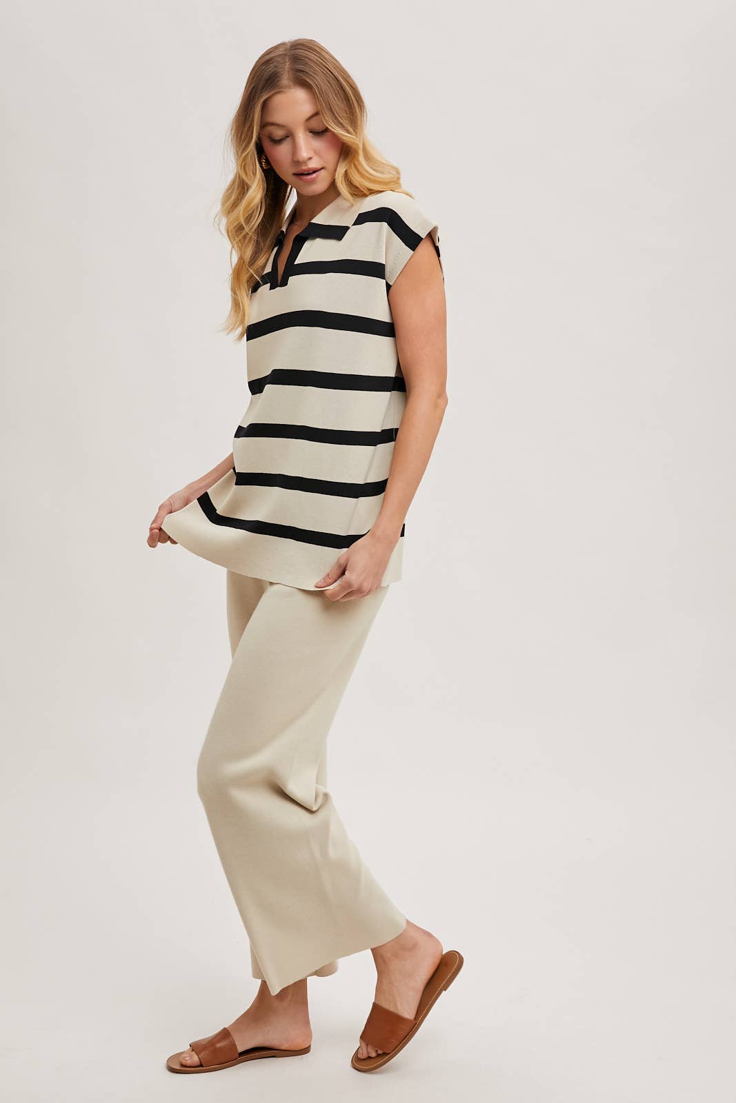 STRIPED POLO KNIT TOP AND STRAIGHT LEG PANTS SET