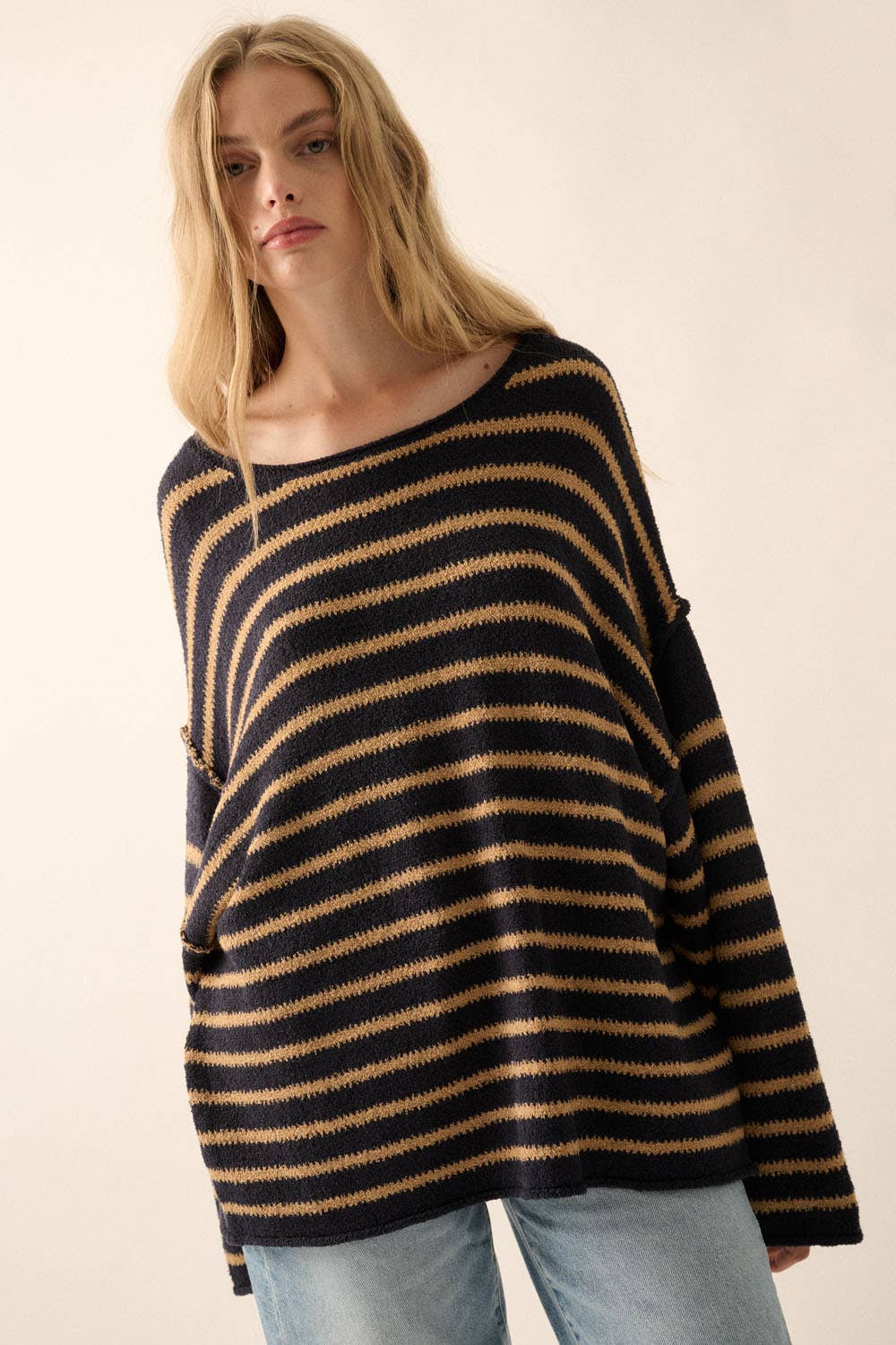 Striped Textured Knit Oversized Sweater