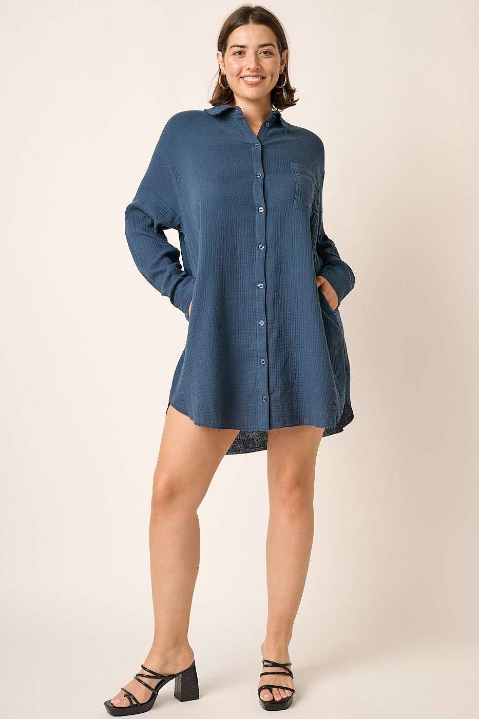 PLUS GAUZE OVERSIZED LONG SLEEVE SHIRT DRESS