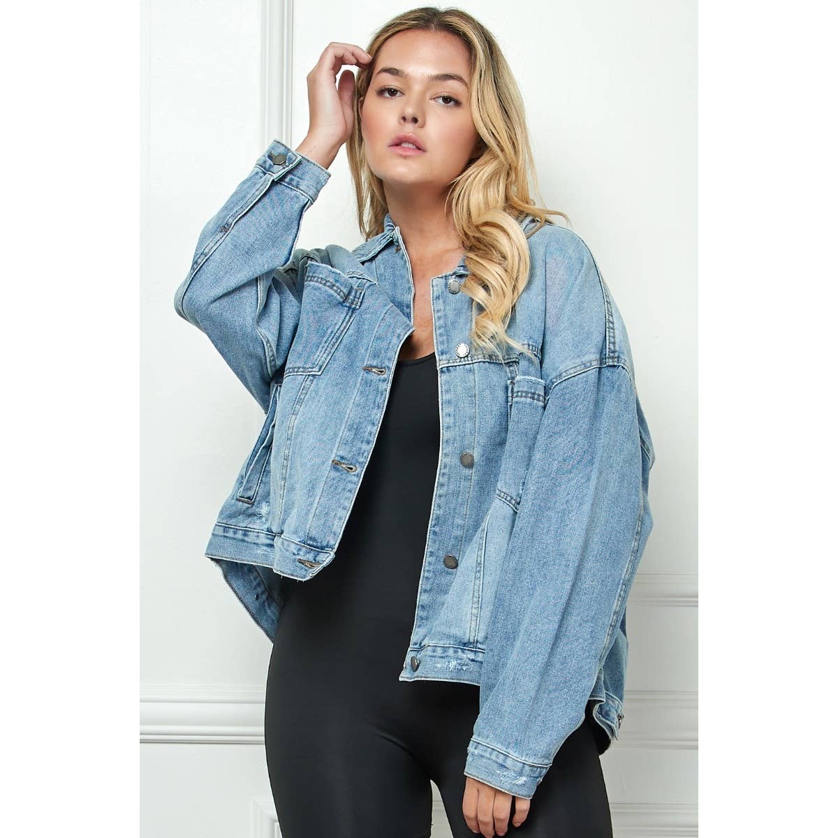Plus Size Oversize Pleated Back Color Denim Jacket