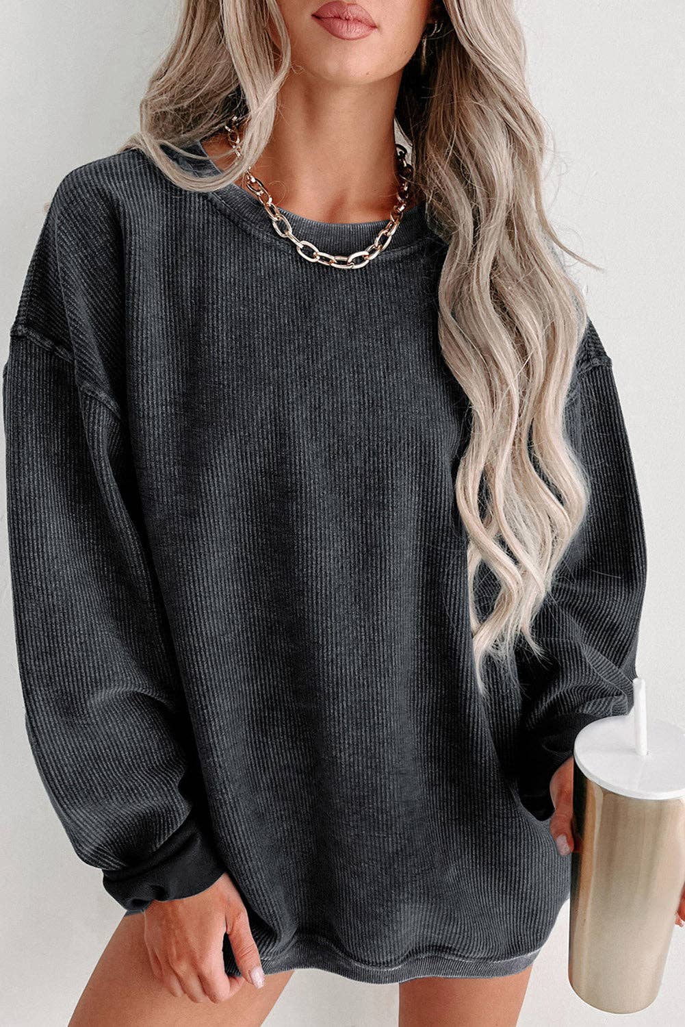 Washed Ribbed Pullover Sweatshirt