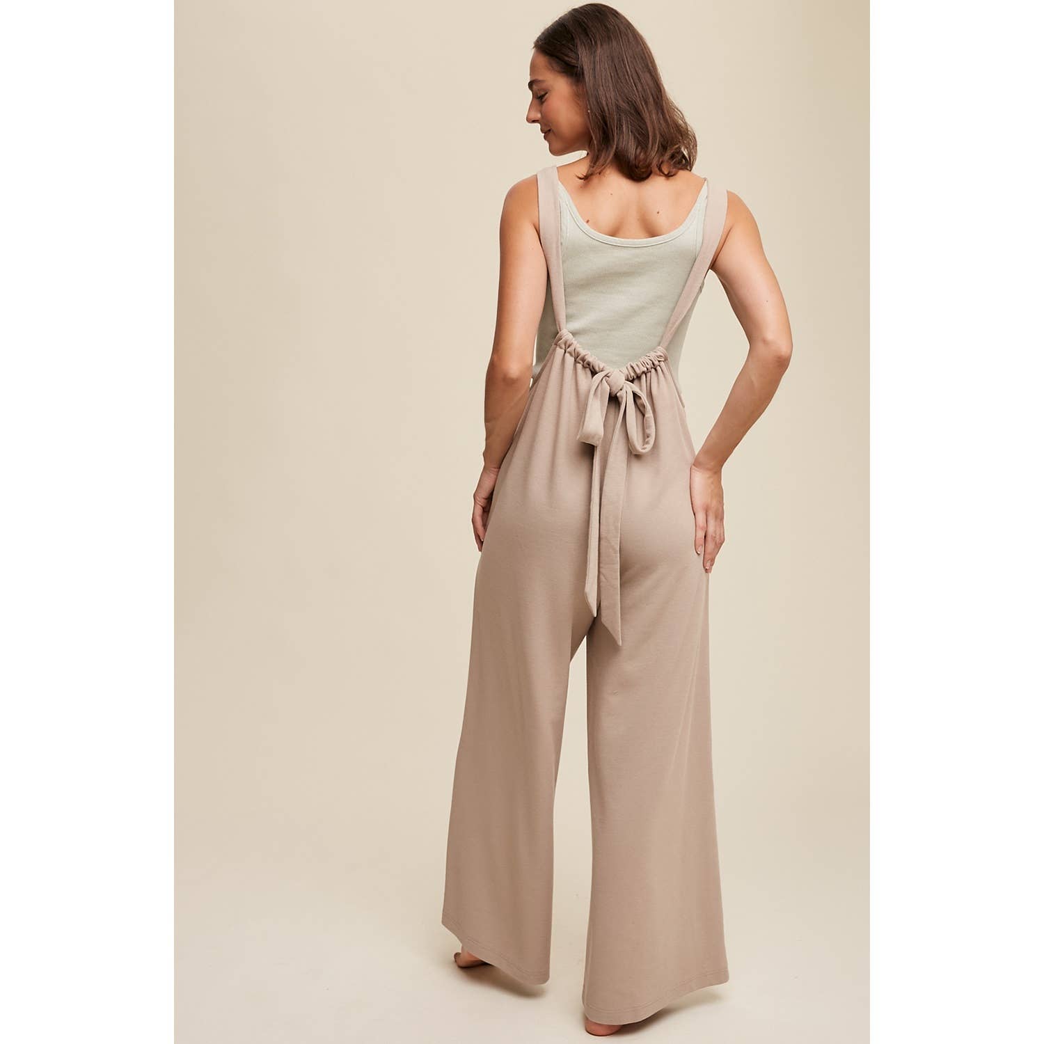 Adjustable Strap Loose Fit Knit Jumpsuit with Wide Legs and