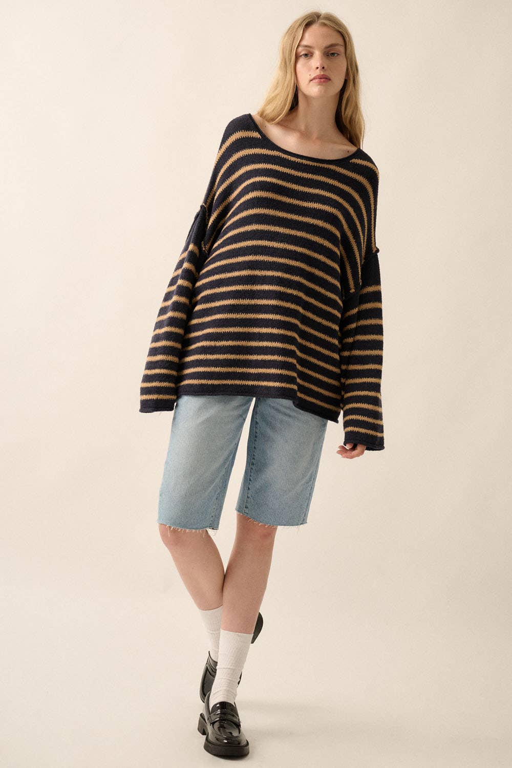 Striped Textured Knit Oversized Sweater