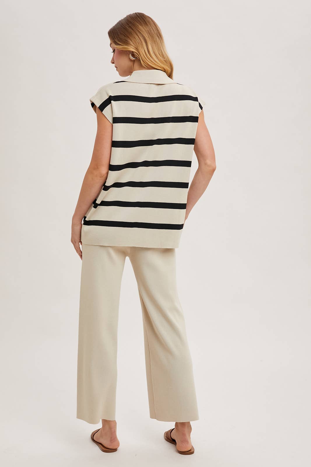 STRIPED POLO KNIT TOP AND STRAIGHT LEG PANTS SET