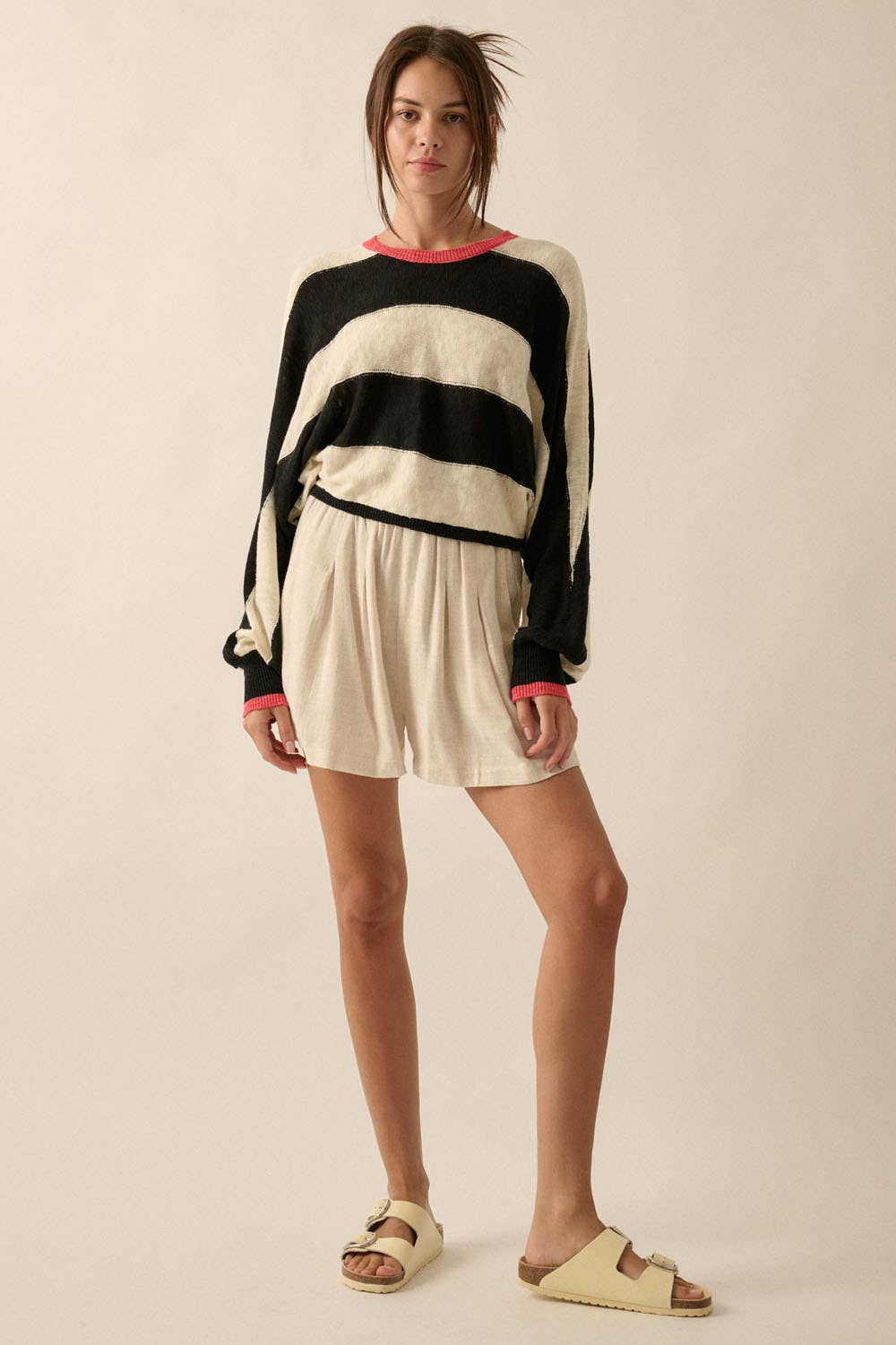 Long Dolman-Sleeve Striped Knit Sweater