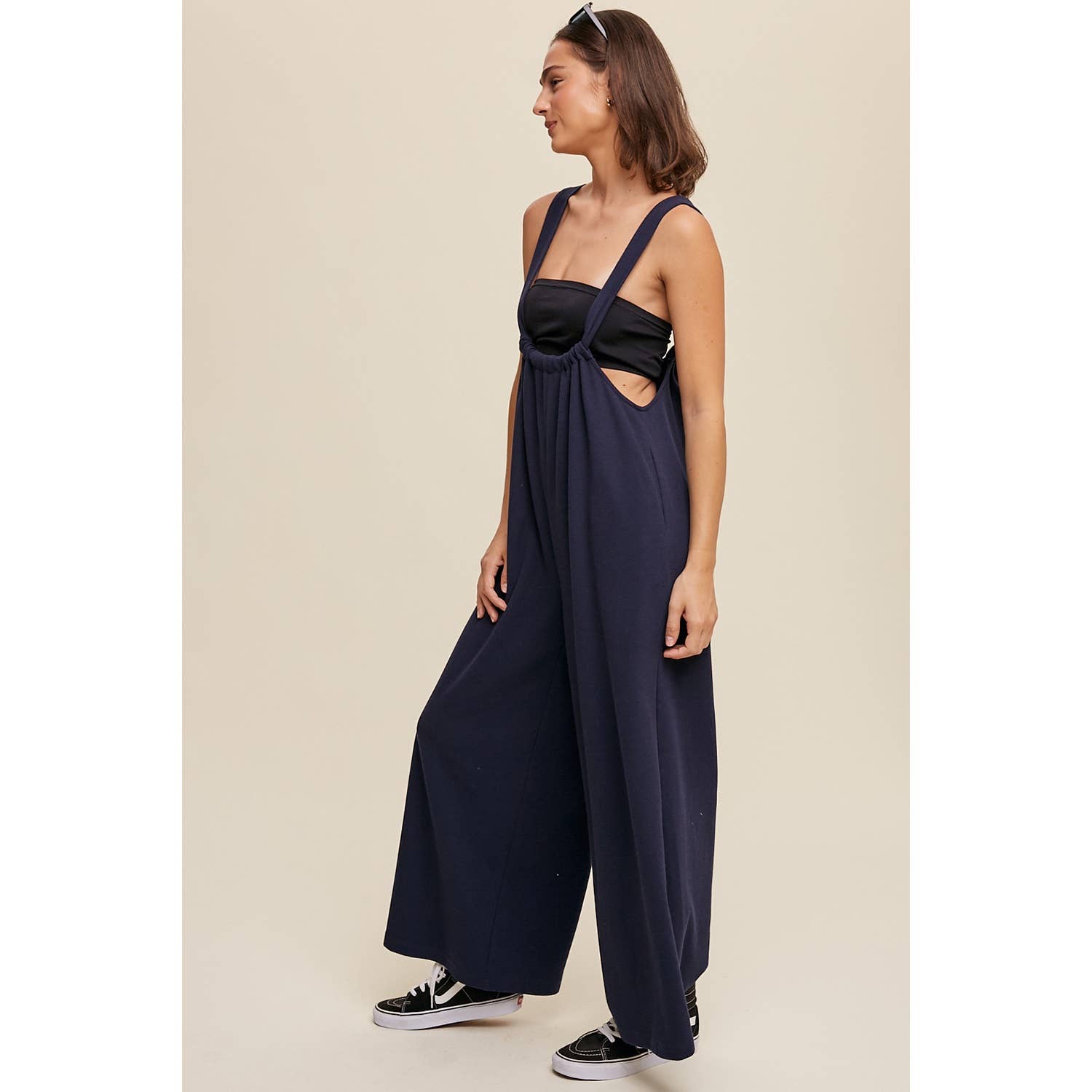 Adjustable Strap Loose Fit Knit Jumpsuit with Wide Legs and