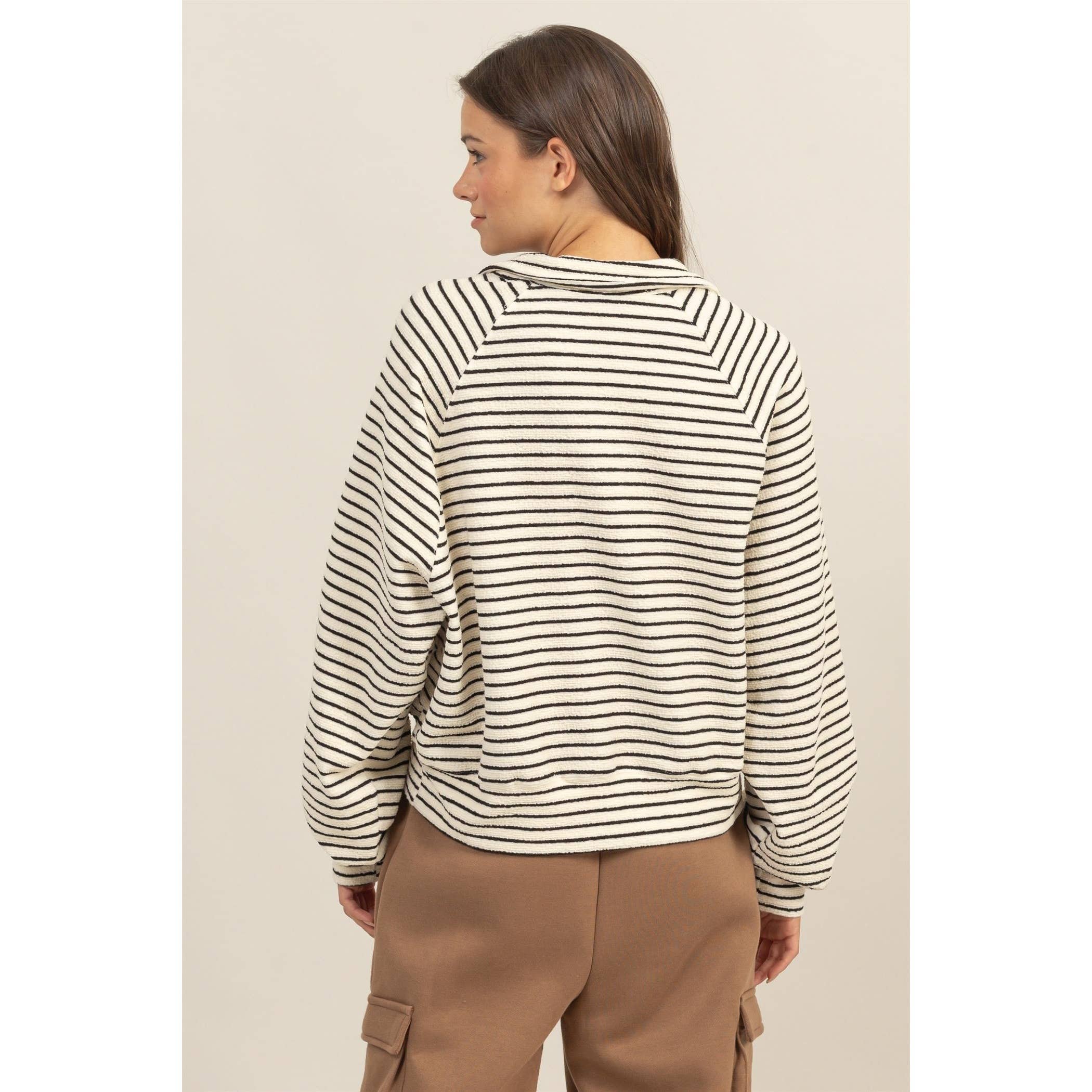 HALF-PLACKET STRIPED KNIT TOP