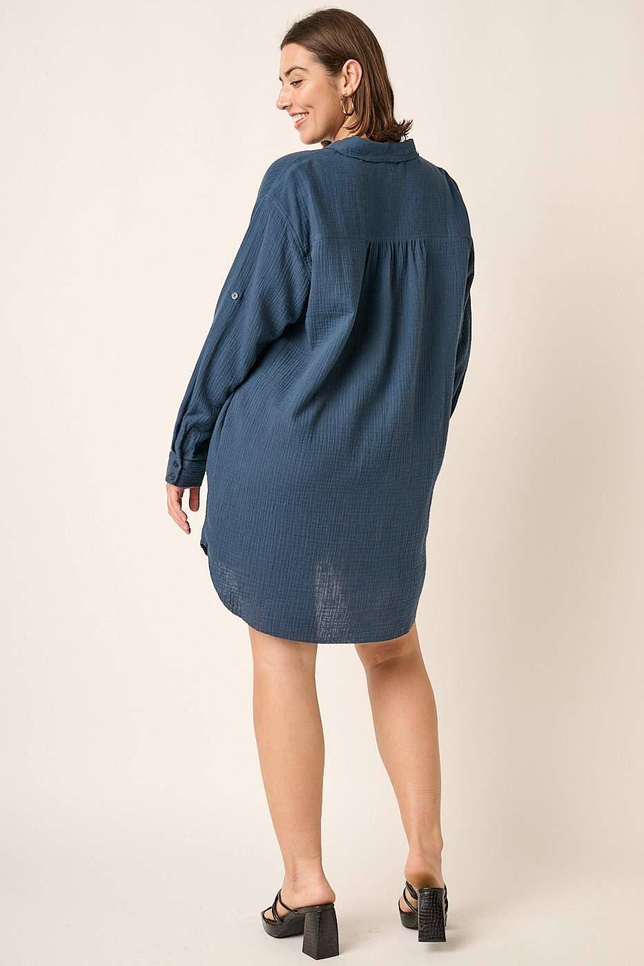 PLUS GAUZE OVERSIZED LONG SLEEVE SHIRT DRESS