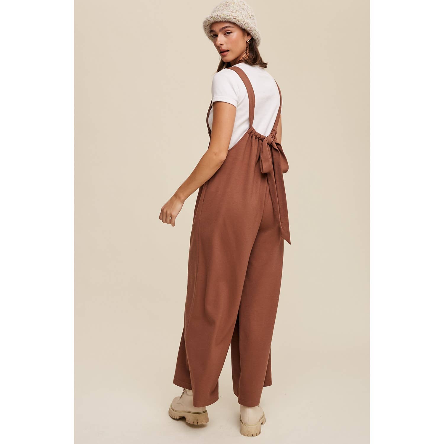 Adjustable Strap Loose Fit Knit Jumpsuit with Wide Legs and