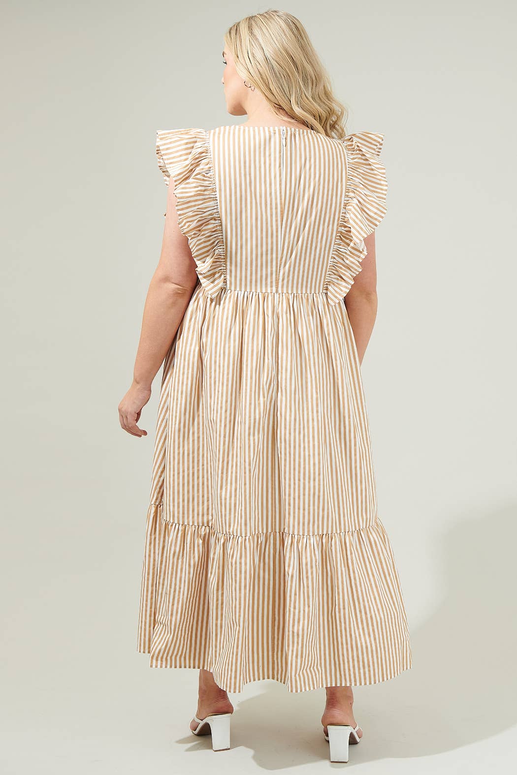 ⭐️SALE!!!⭐️ PLUS SIZE Luna Striped Fairness Taupe Poplin Surplice Midi Dress