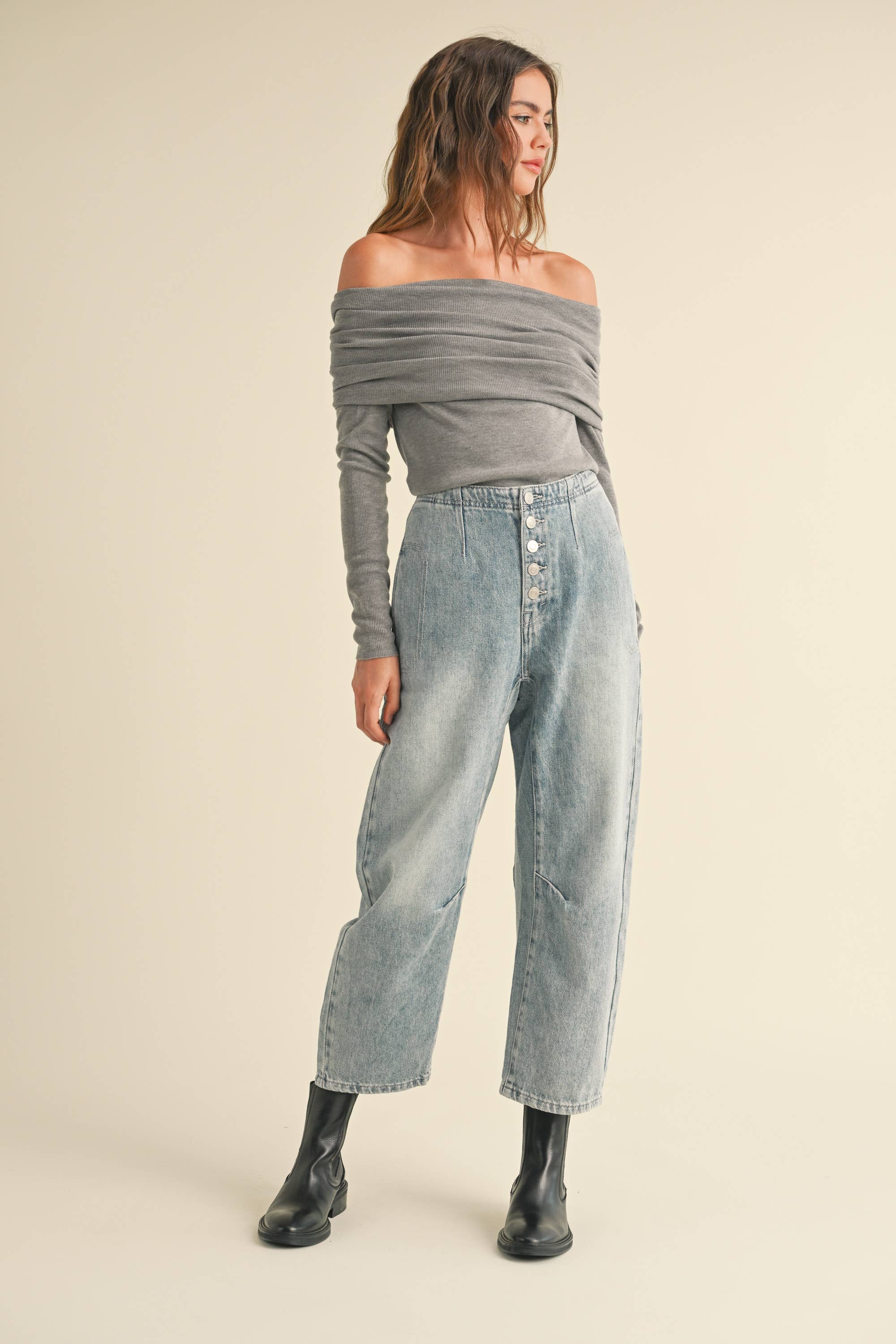 DENIM BUTTON FRONT BARREL PANTS