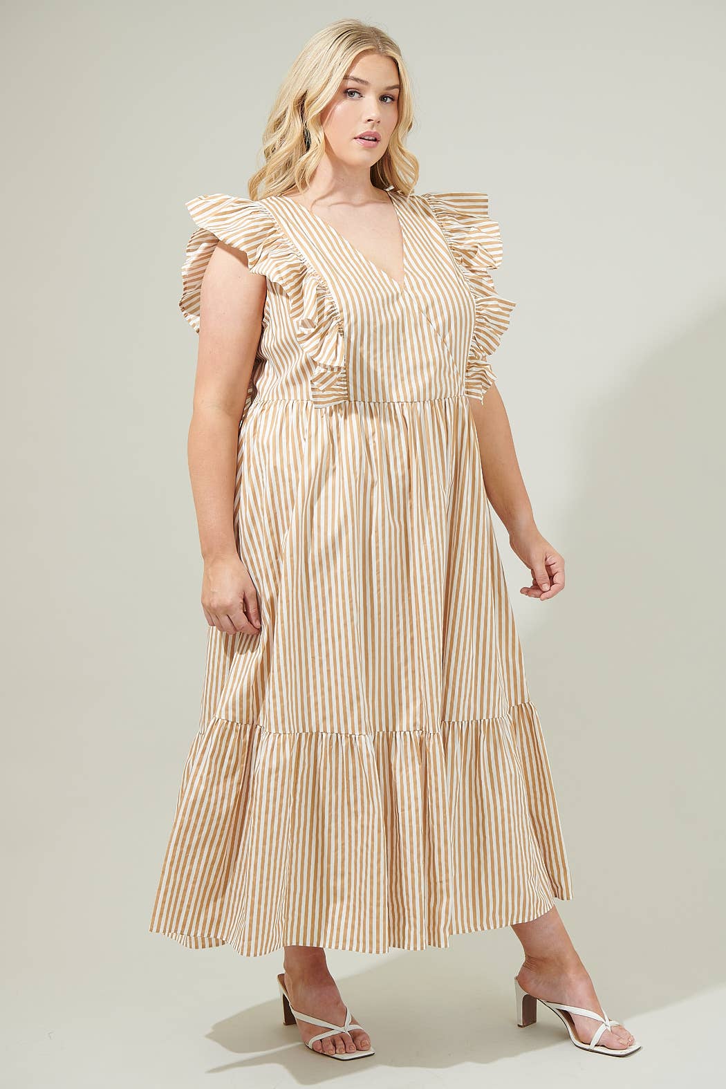 ⭐️SALE!!!⭐️ PLUS SIZE Luna Striped Fairness Taupe Poplin Surplice Midi Dress