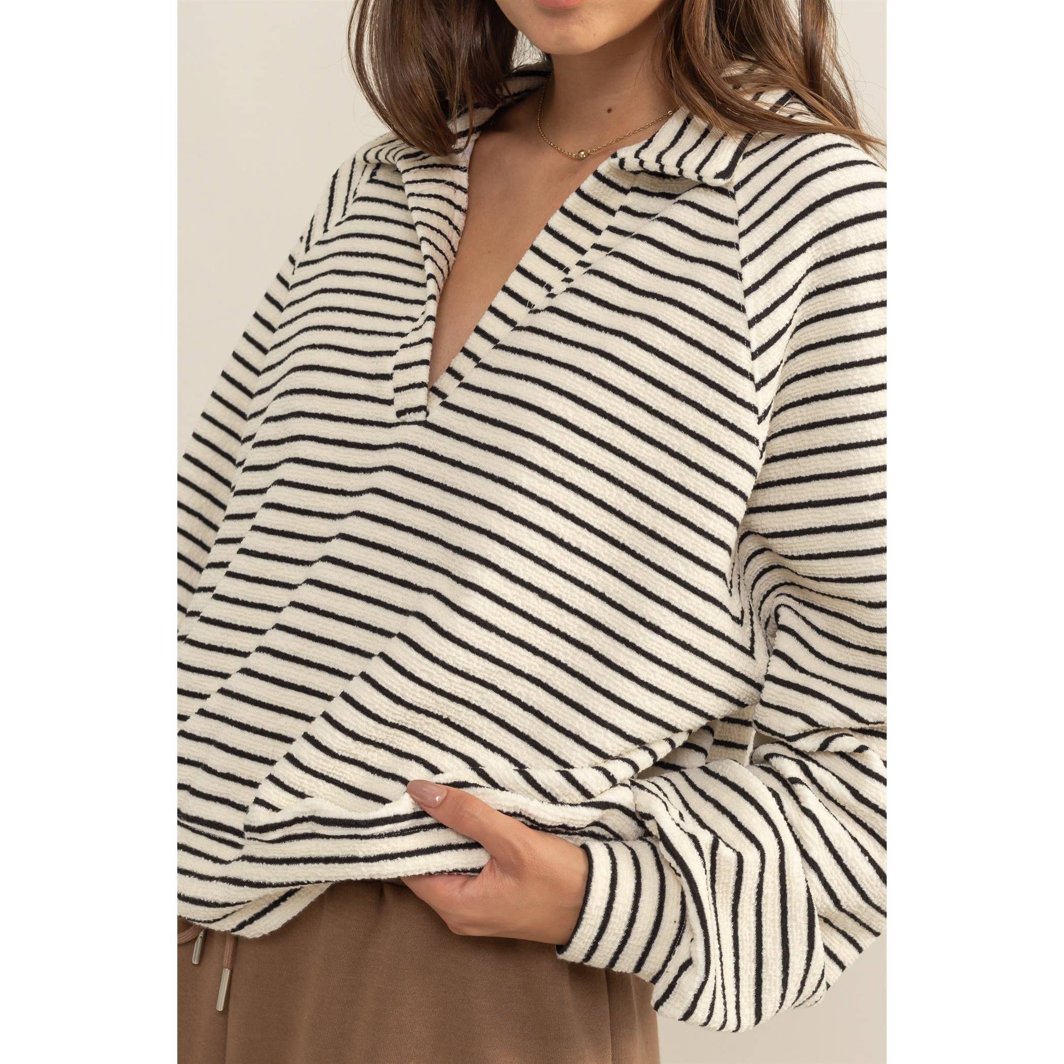 HALF-PLACKET STRIPED KNIT TOP