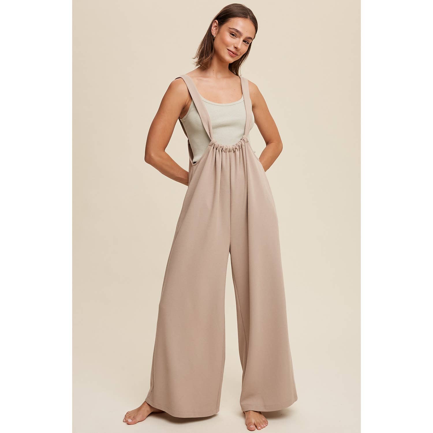 Adjustable Strap Loose Fit Knit Jumpsuit with Wide Legs and