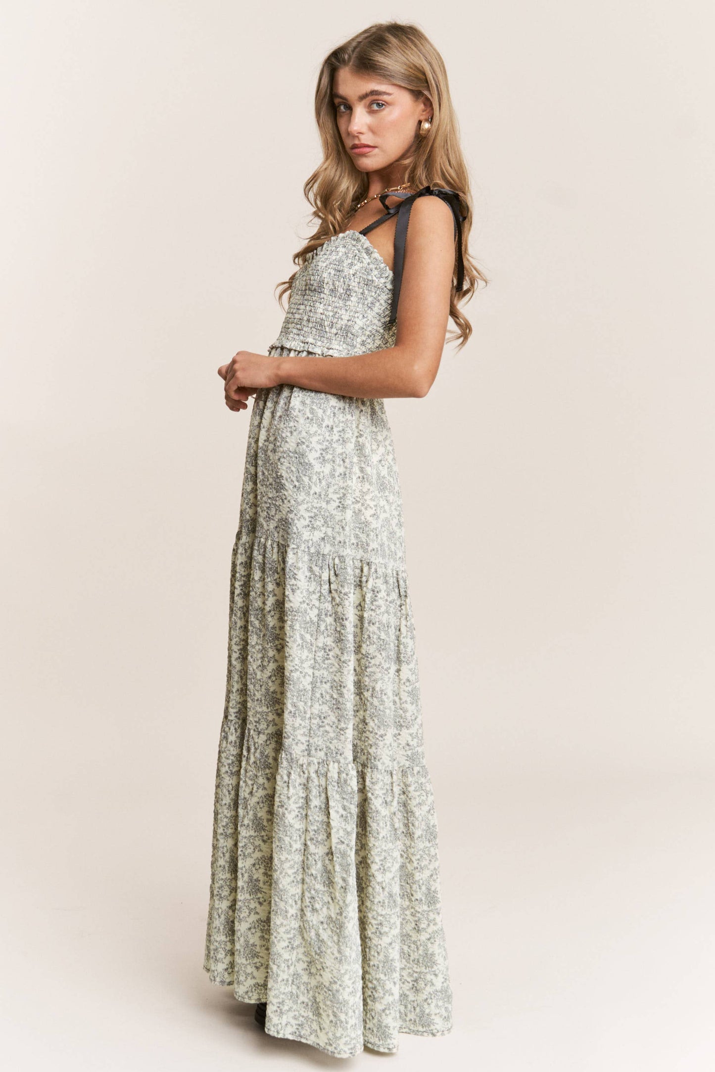 Empire Neck Line Floral Tiered Maxi Dress