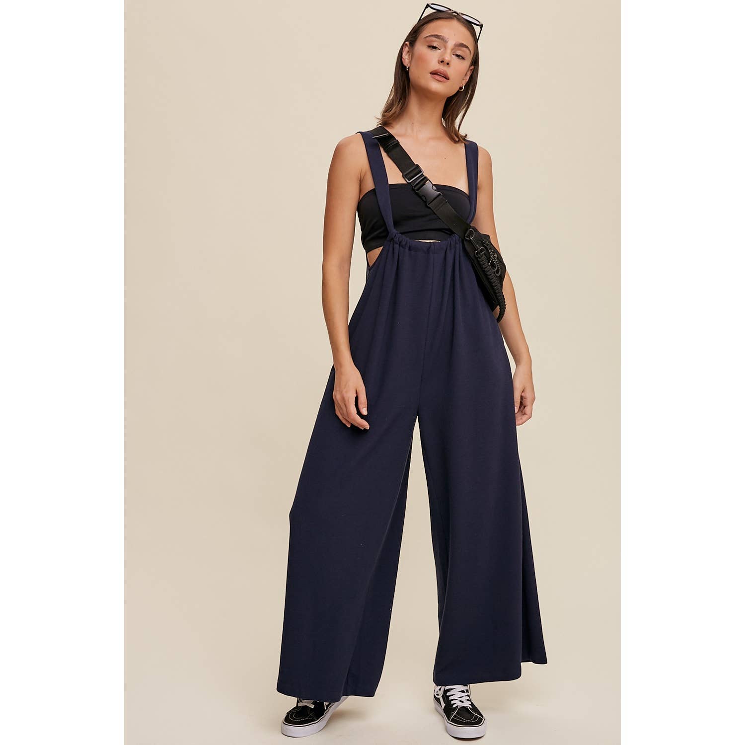 Adjustable Strap Loose Fit Knit Jumpsuit with Wide Legs and