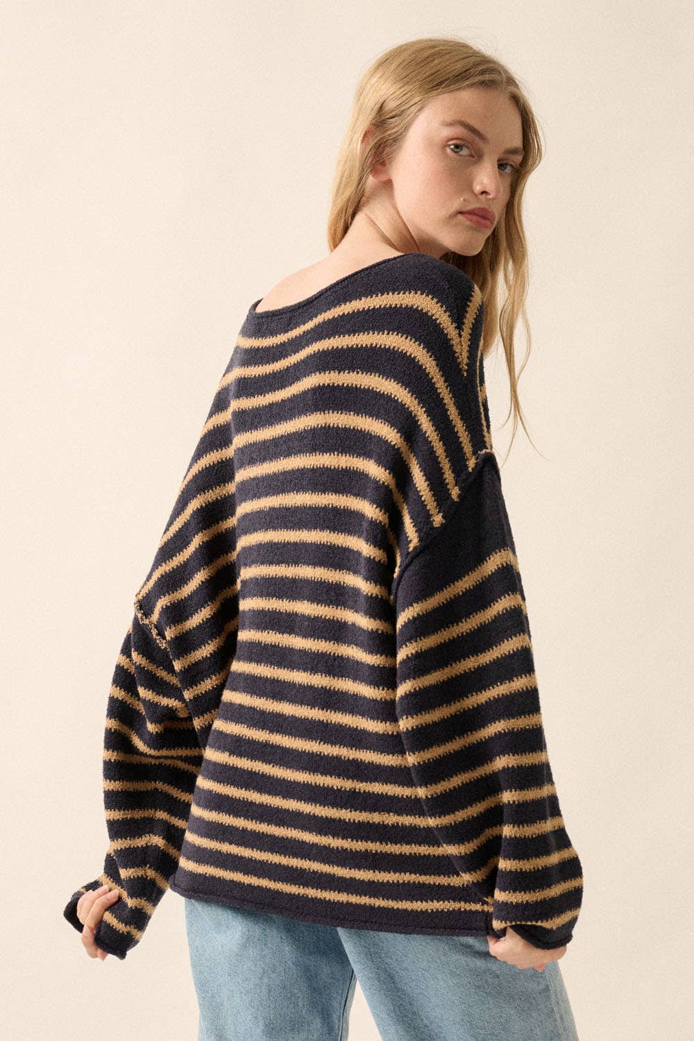 Striped Textured Knit Oversized Sweater