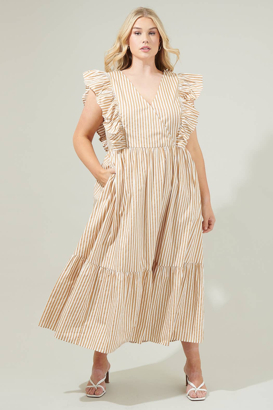 ⭐️SALE!!!⭐️ PLUS SIZE Luna Striped Fairness Taupe Poplin Surplice Midi Dress