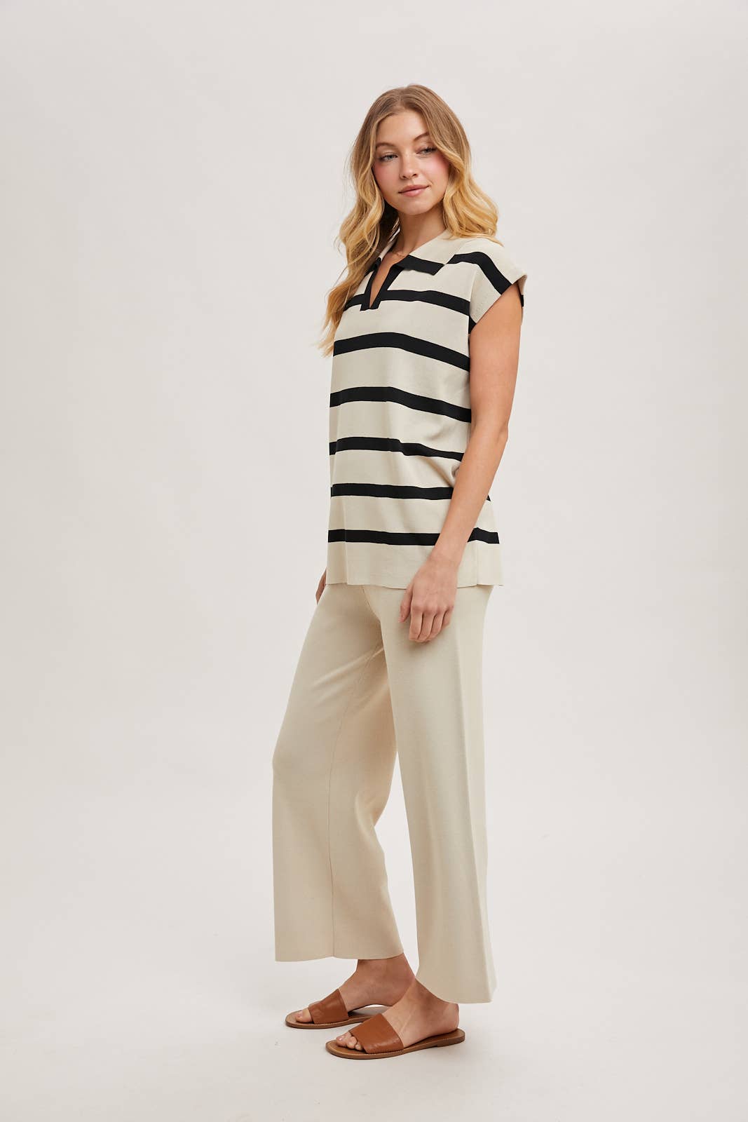 STRIPED POLO KNIT TOP AND STRAIGHT LEG PANTS SET