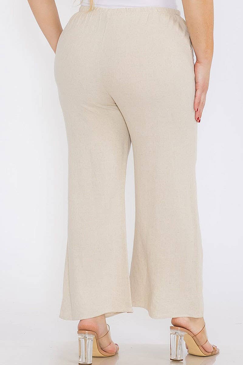 ELASTIC WAIST FRONT POCKETS WIDE LEG LINEN PANTS