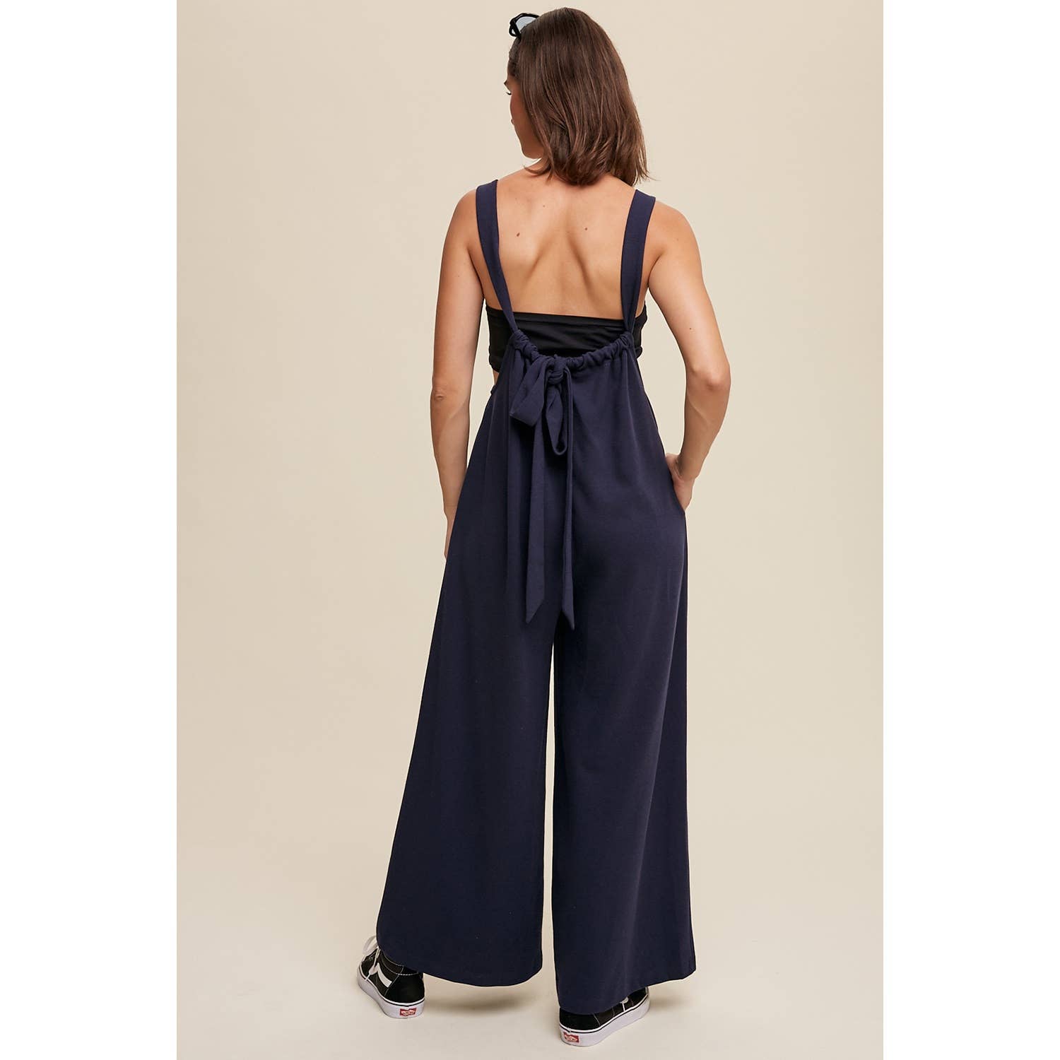 Adjustable Strap Loose Fit Knit Jumpsuit with Wide Legs and