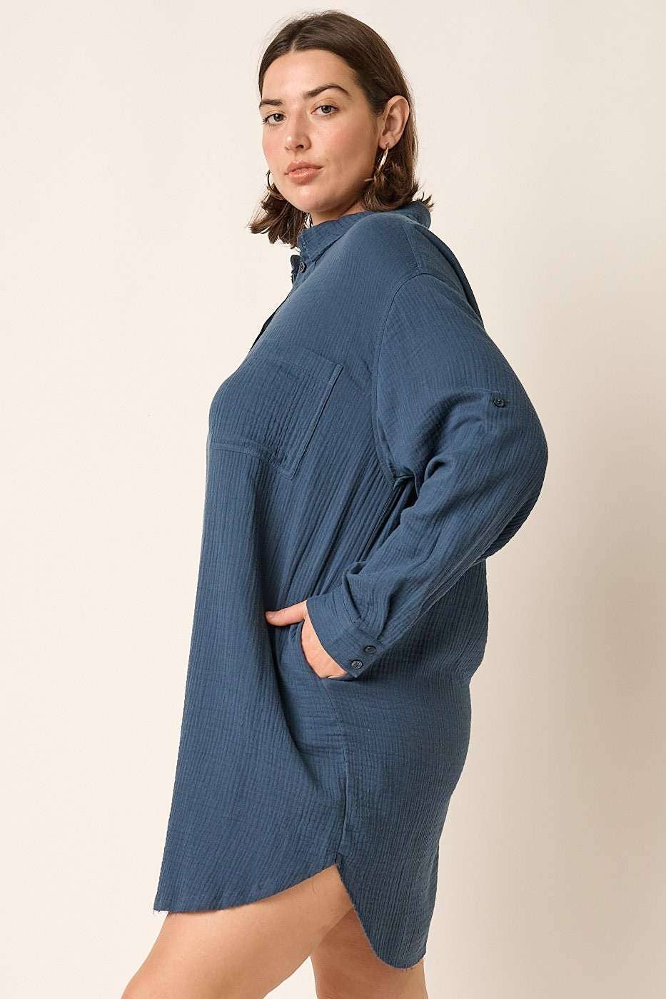 PLUS GAUZE OVERSIZED LONG SLEEVE SHIRT DRESS