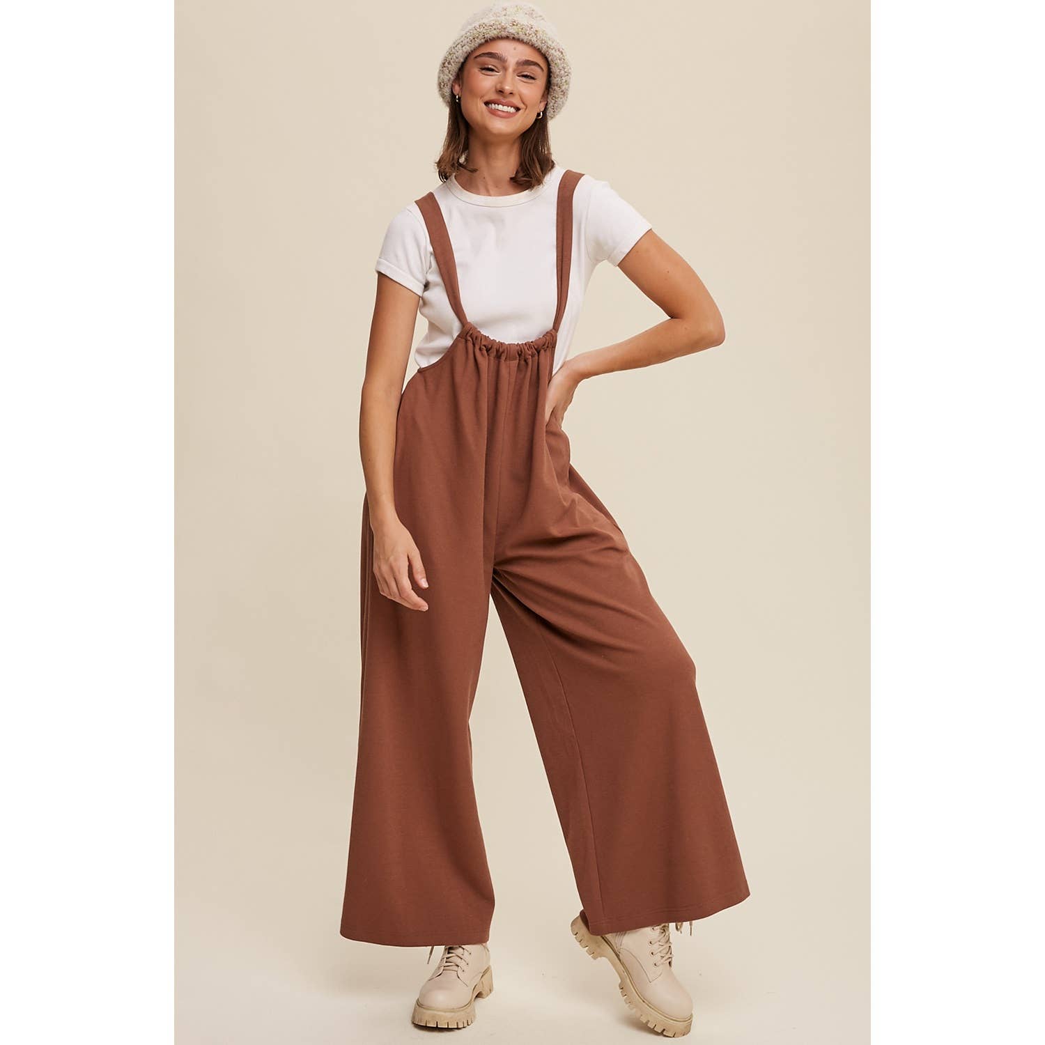 Adjustable Strap Loose Fit Knit Jumpsuit with Wide Legs and