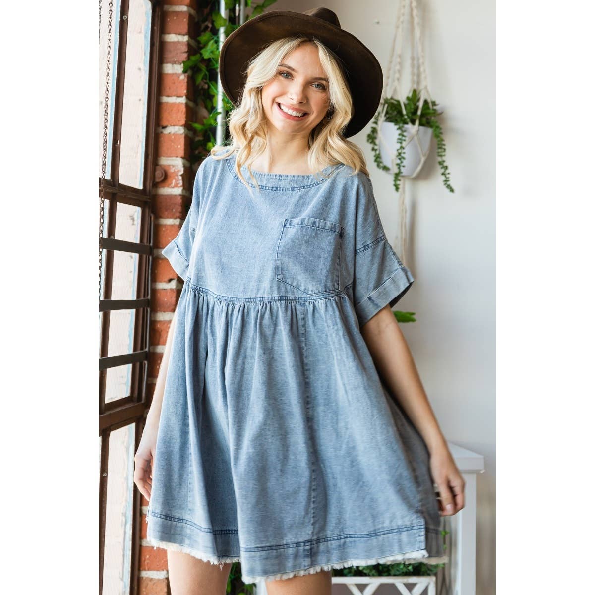 Oversize Pleated Denim Short Dress