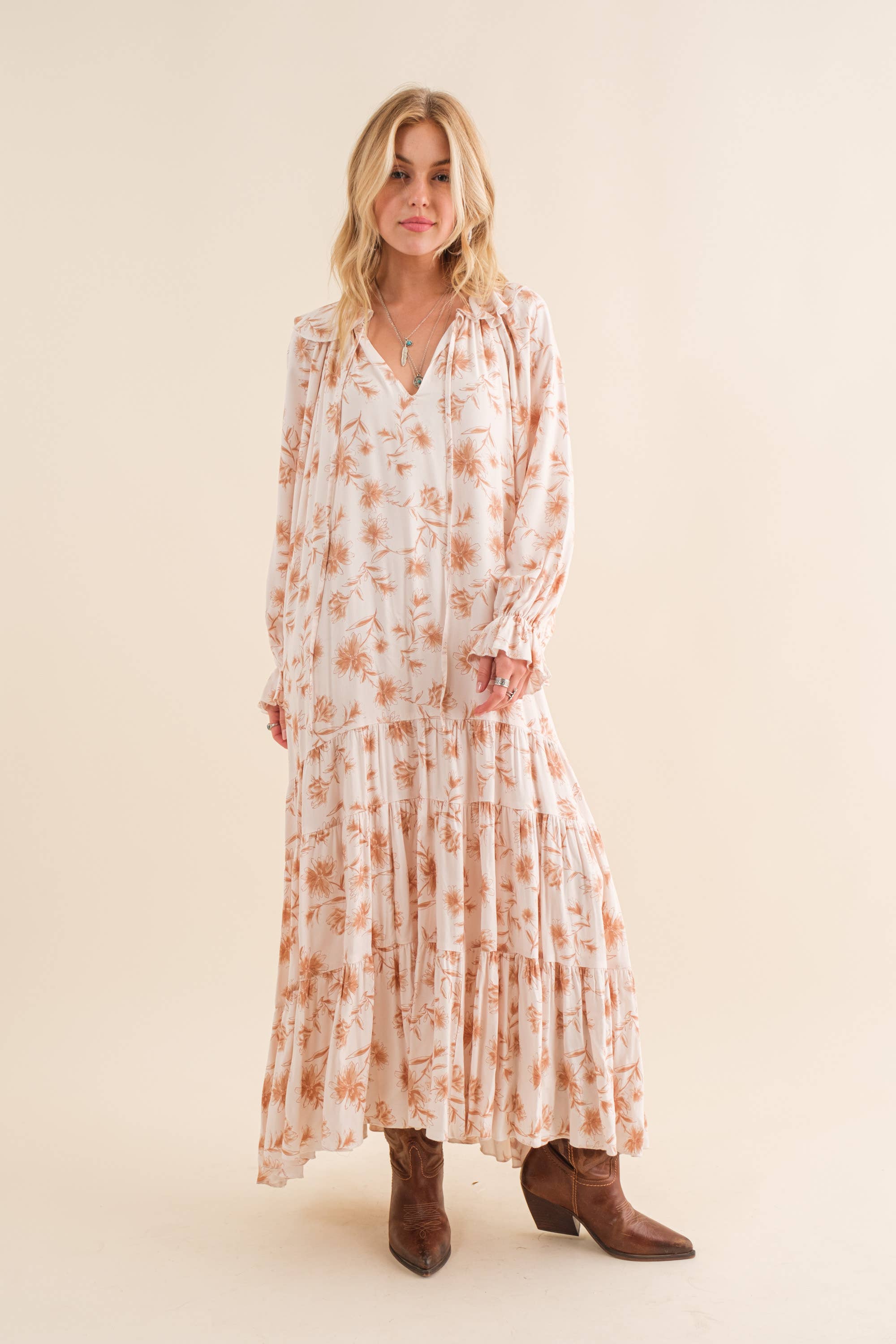 Rayon Dobby Floral Print Neck Keyhole Maxi Dress