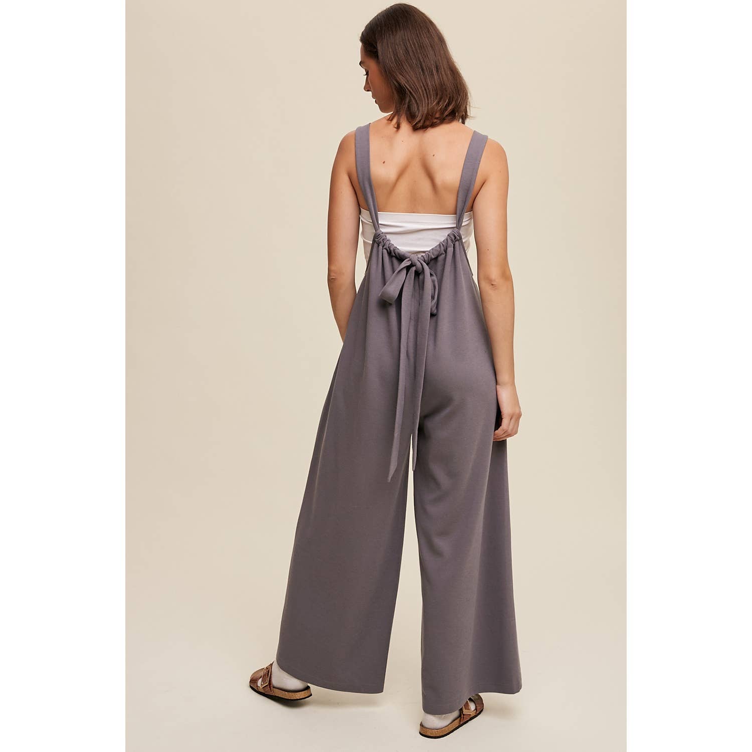 Adjustable Strap Loose Fit Knit Jumpsuit with Wide Legs and