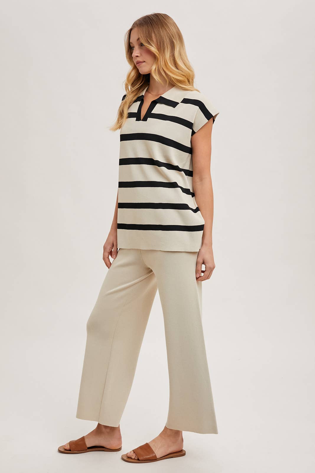 STRIPED POLO KNIT TOP AND STRAIGHT LEG PANTS SET