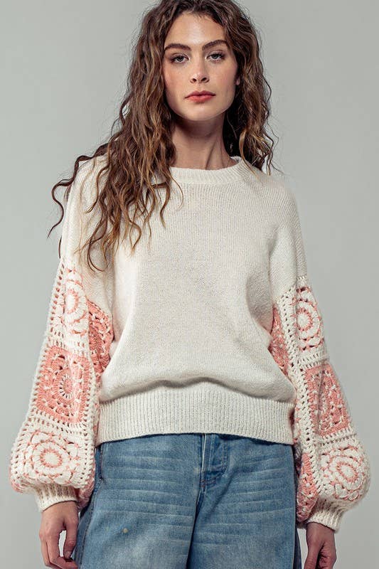 Quilt Blocked Sleeve Crewneck Sweater