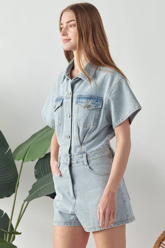 Plus Size Wash Denim Short Sleeve Romper