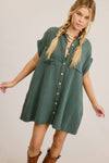 COTTON GAUZE BUTTONED SHORT-SLEEVE SHIRT MINI DRESS