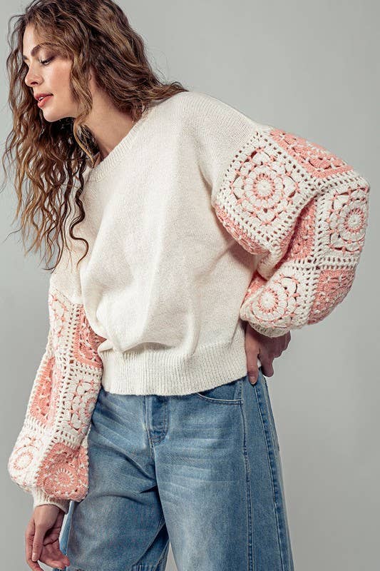 Quilt Blocked Sleeve Crewneck Sweater