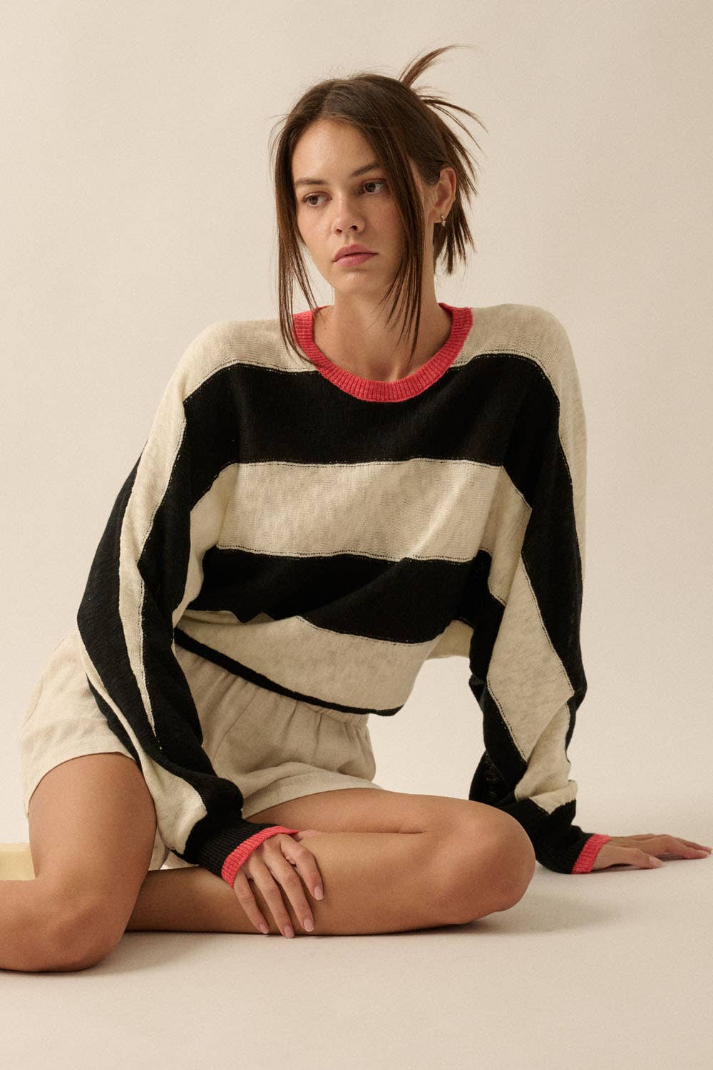 Long Dolman-Sleeve Striped Knit Sweater