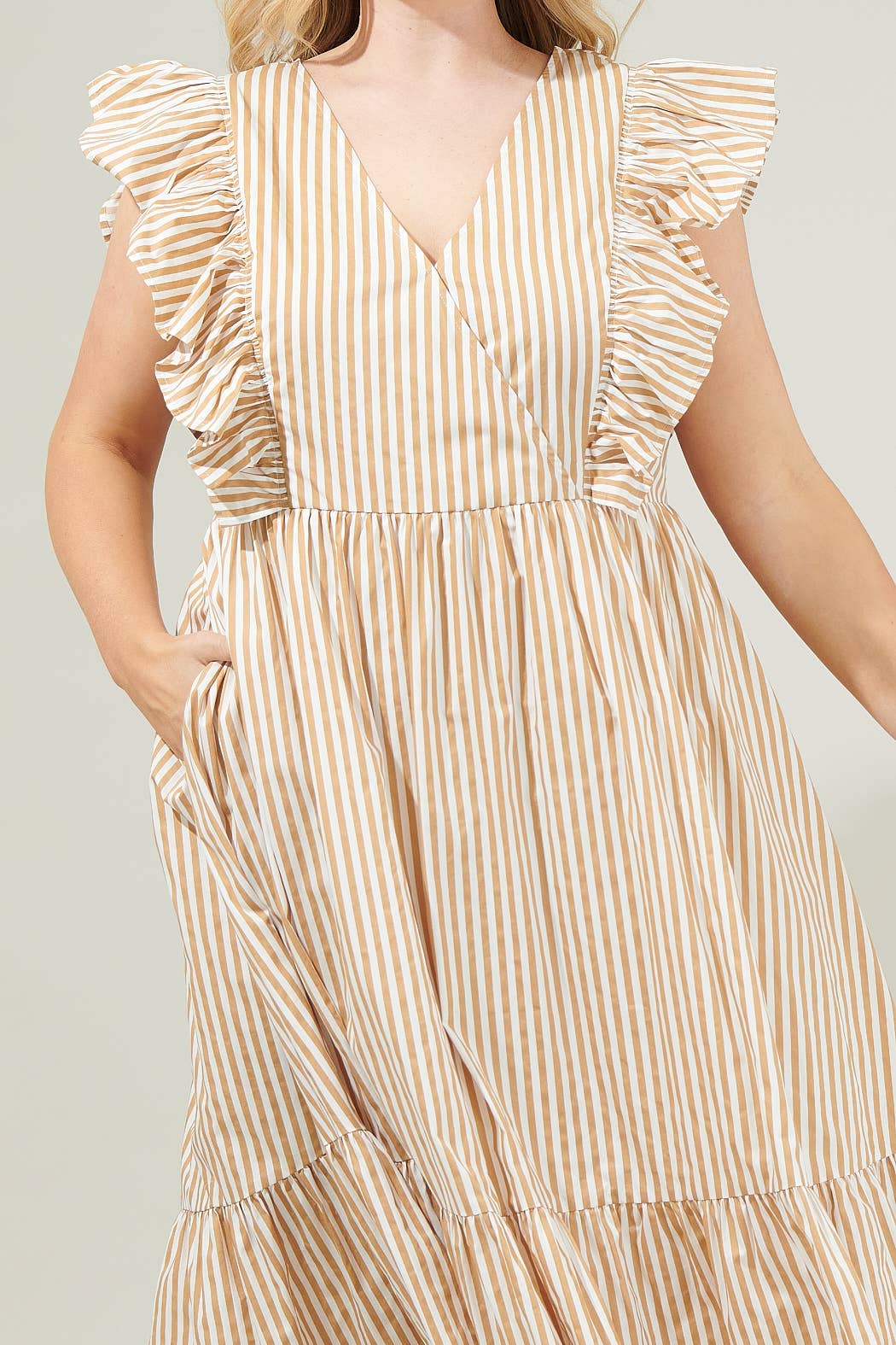 ⭐️SALE!!!⭐️ PLUS SIZE Luna Striped Fairness Taupe Poplin Surplice Midi Dress