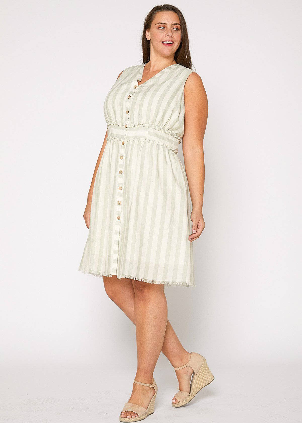 Nurode Plus Size Sleeveless Button Down Stripe Dress in Sage