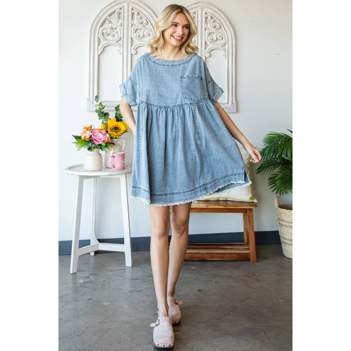 Oversize Pleated Denim Short Dress