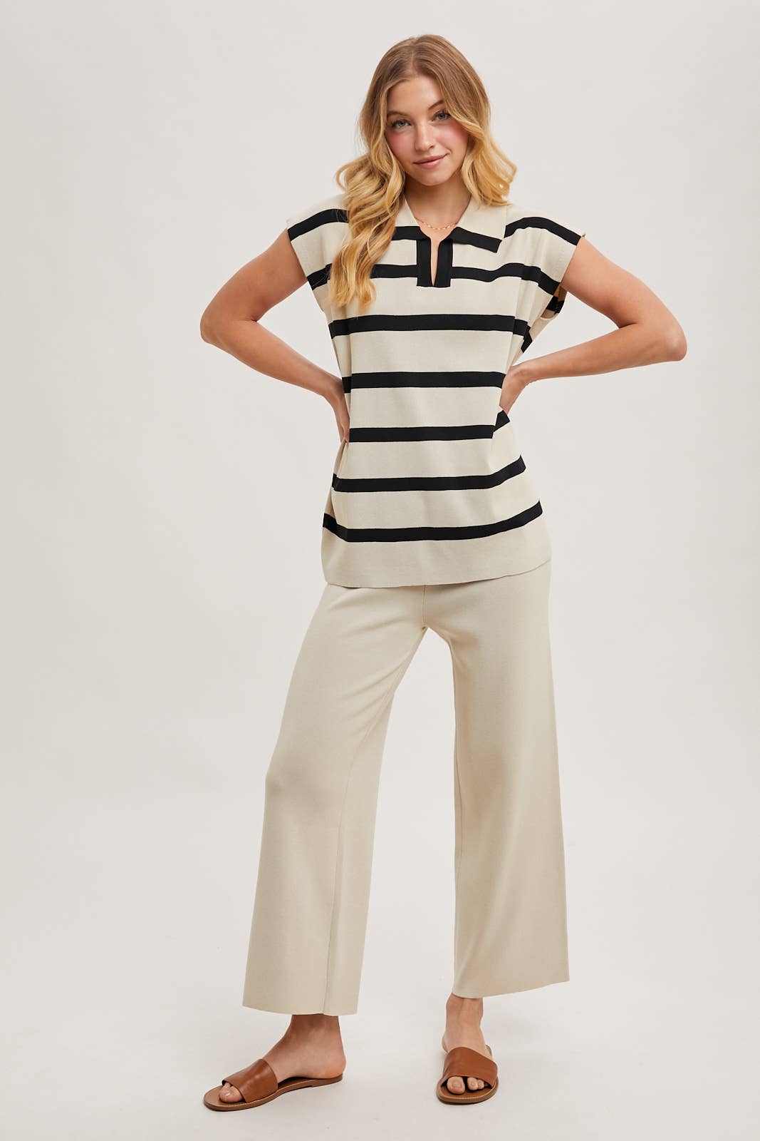 STRIPED POLO KNIT TOP AND STRAIGHT LEG PANTS SET