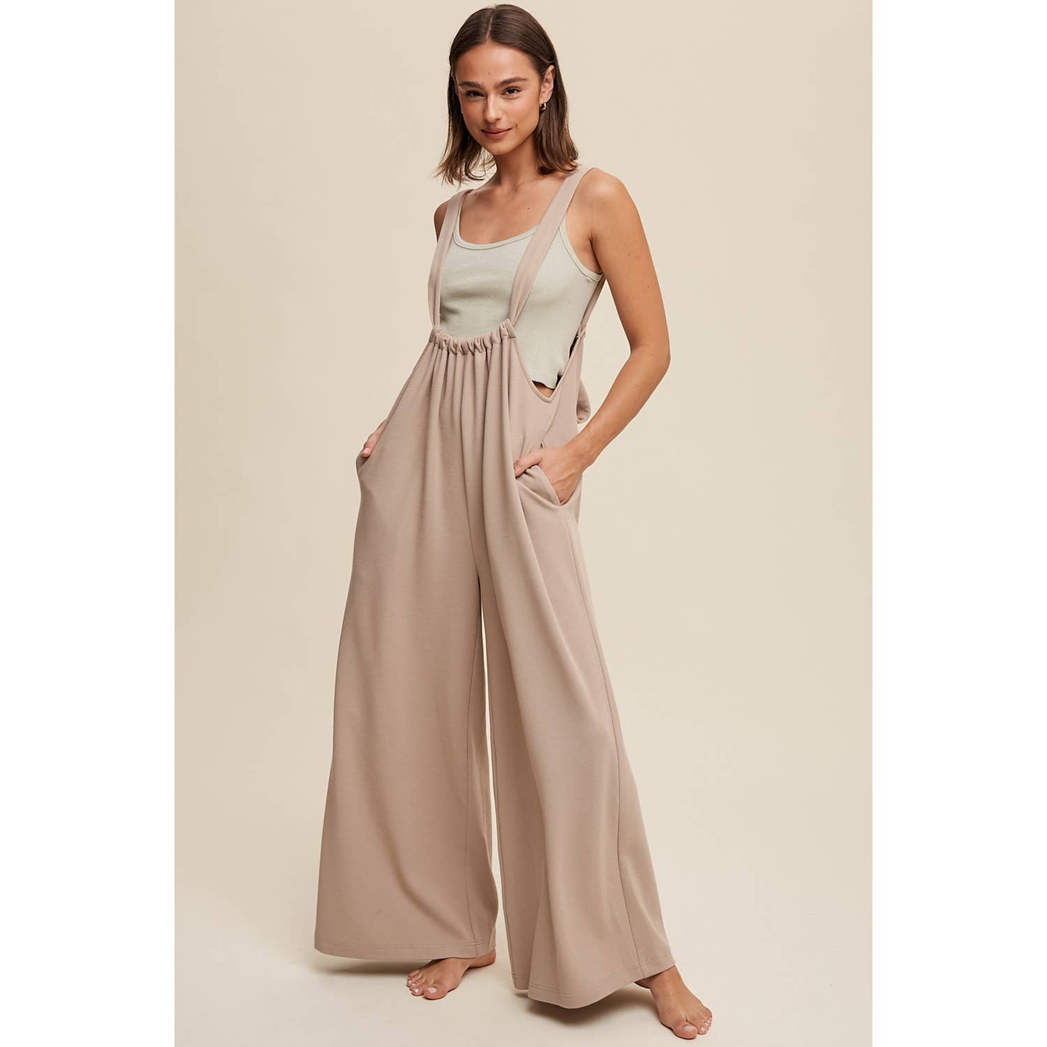 Adjustable Strap Loose Fit Knit Jumpsuit with Wide Legs and