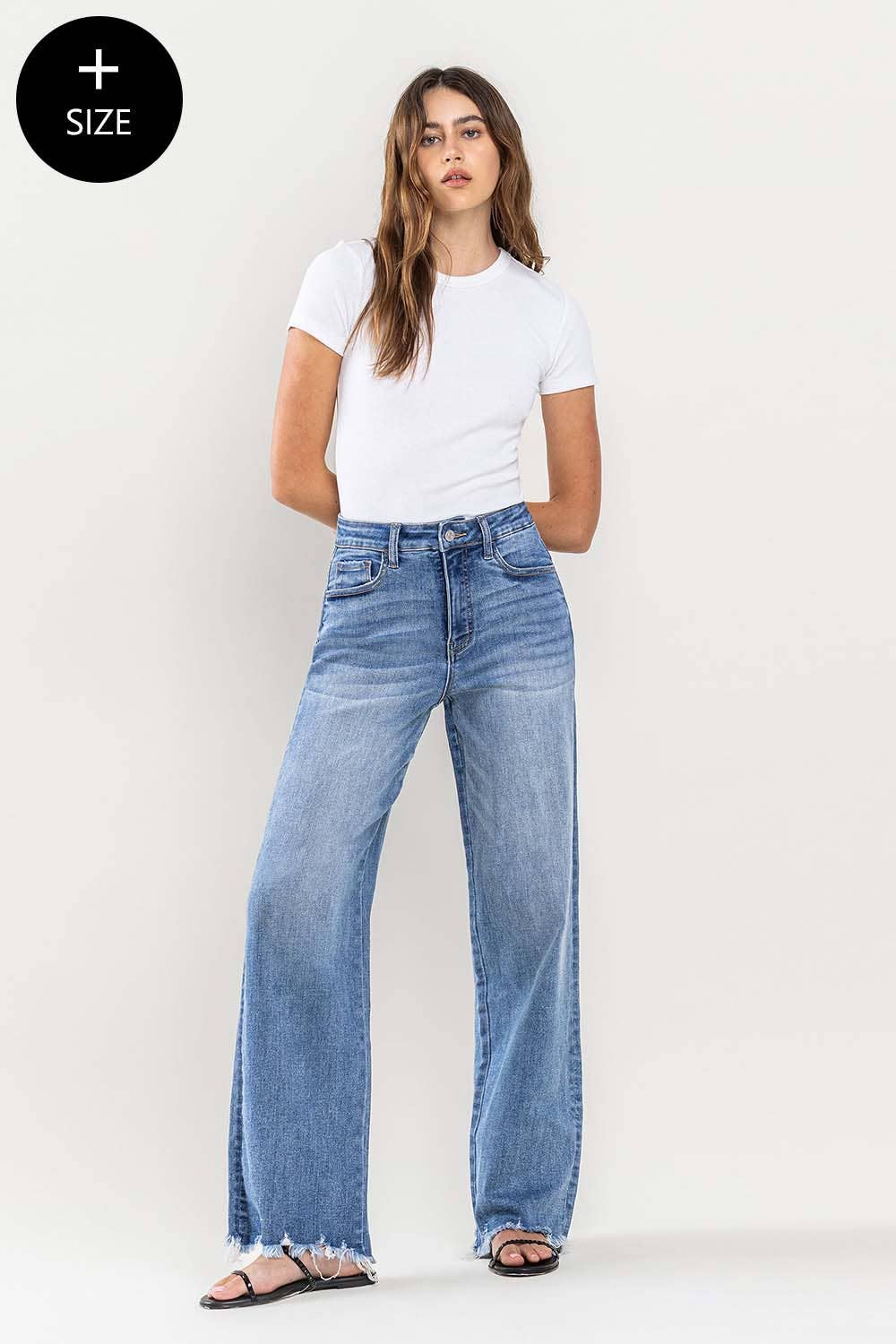 PLUS SIZE SUPER HIGH RISE RAW HEM LOOSE FIT JEANS